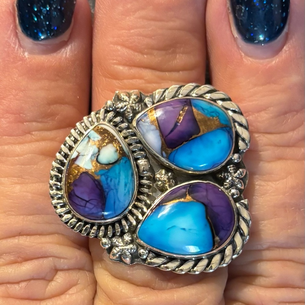 Purple dahlia turquoise mix stone heavy sterling silver ring size 7